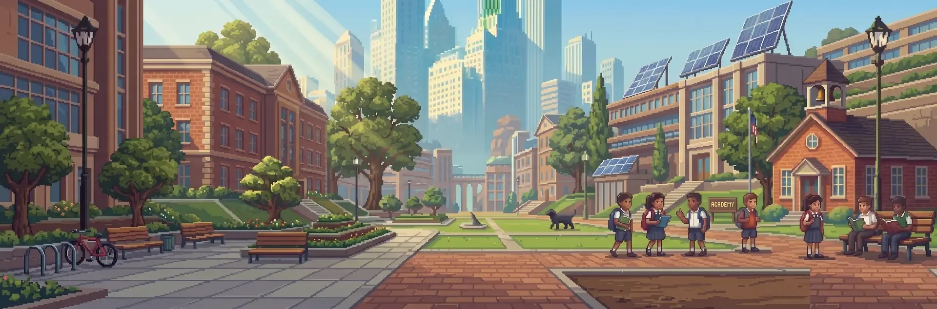 An illustrated school campus with buildings, gardens and students